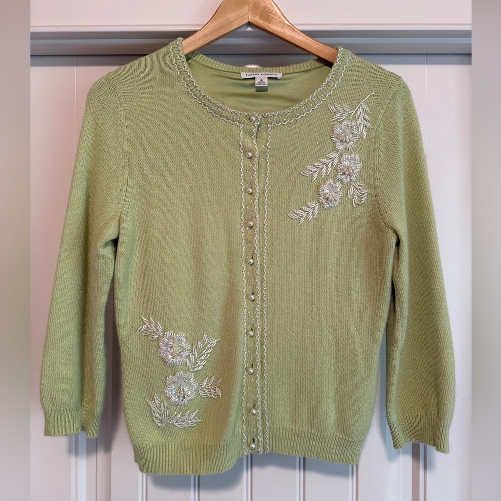 Banana Republic Cotton/Angora Cardigan with Floral Embroidery & Beading